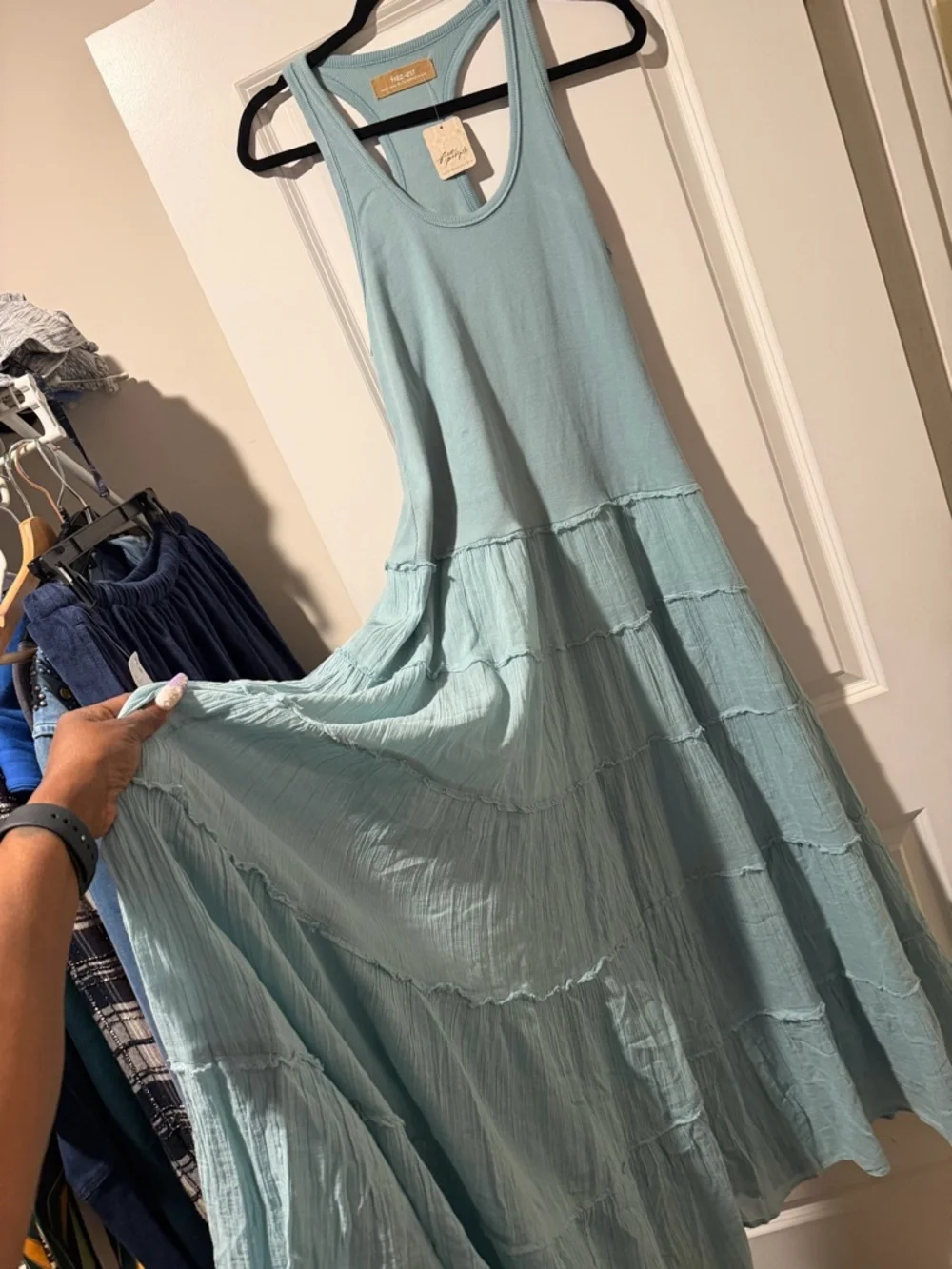 Free People Light Blue Tiered Maxi Dress 🔥 Size XL - Picture 3 of 5